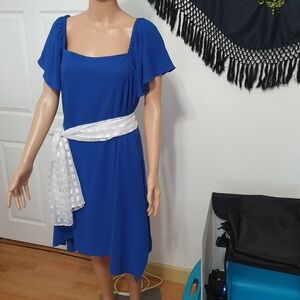 Elegant Blue Dress with White Sash Signature By Robbie Bee
